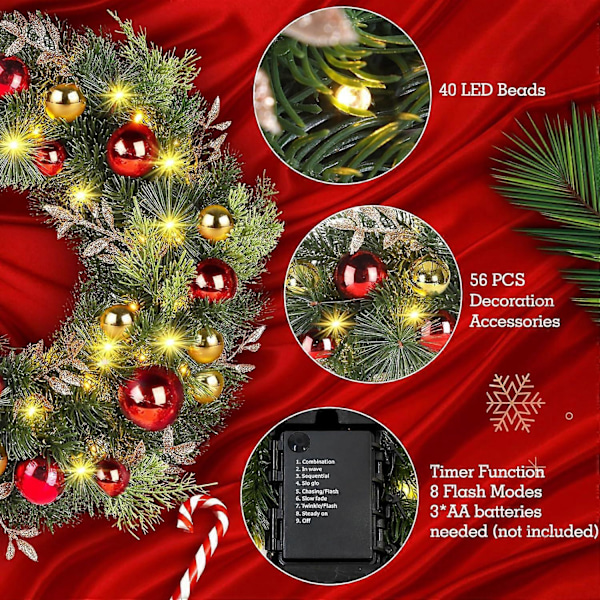 Julkrans, 40 cm LED-kransdekoration Jul med timer för ytterdörr, dörrhängande girlang Lyser upp julkrans
