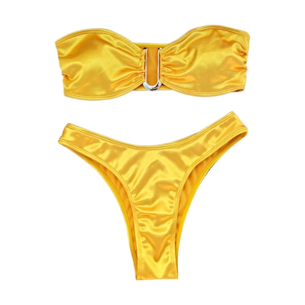 Dame U-ring Ensfarvet Bandeau Bikini Sett Stroppeløs Badedrakt Todelt Smock Bikini Badedrakter for Badetøy Gul S