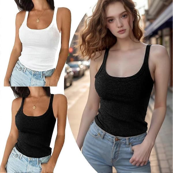 Dam Sommar Stretch Slim Rund Hals Ribbad Tank Basic Topp