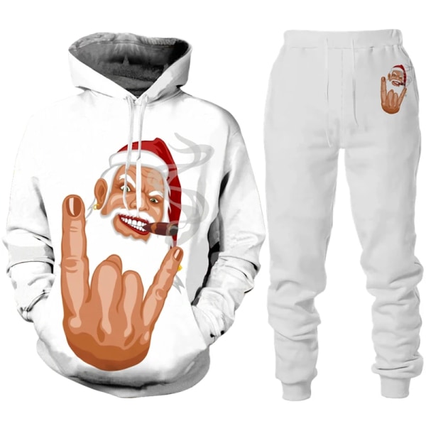 Julemann Santa Claus 3D-trykt hettegenser + bukse for menn og kvinner, 2-delt sett, nyttårsferie, avslappet, overdimensjonert, gensersett style 1 2XL