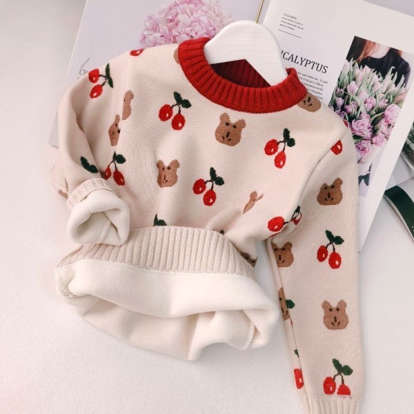 Ny vinter baby girl tröja toddler love stickad tröja cherry bear-- 7