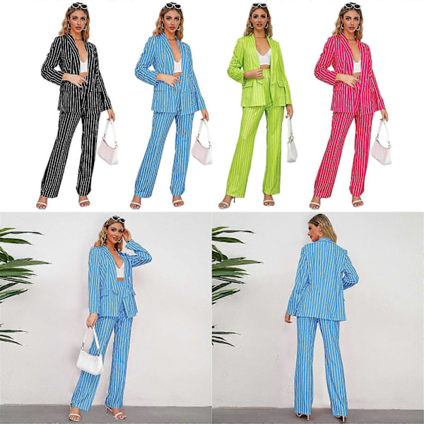 Dam 2-delad Kavajkostym Långärmad Öppen Kavaj Byxset Casual Randig Arbete Kontor Business Outfits  rosröd XL