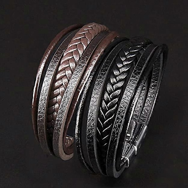 Armbånd for menn, flerlags håndvevd skinnarmbånd for menn, enkelt armbånd i etnisk stil (2 stk, svart, brun)