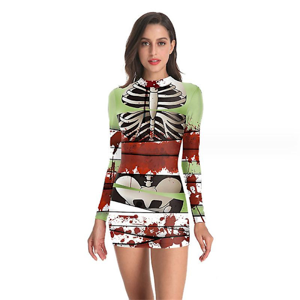 Kvinders Halloween-kostume Skeletkjole Langærmede Stretchy Kort Mini Kjole style 7 M