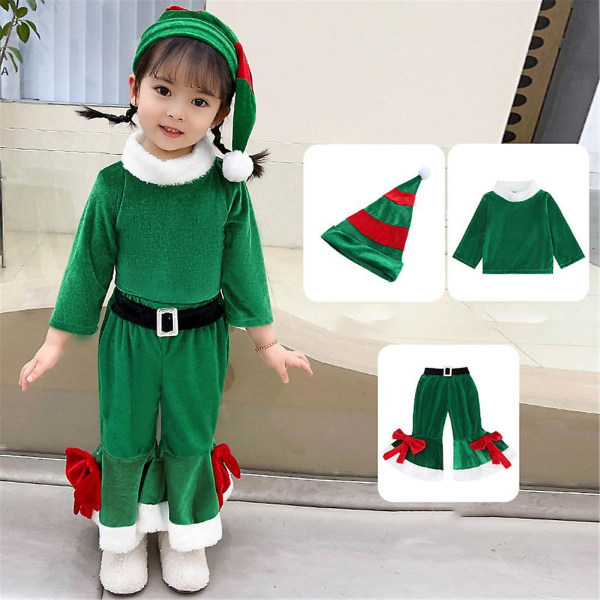 Jul pojkar flickor långärmad jumpsuit med spetsig hatt Set Santa Claus Cosplay kostym Green 6-7Y