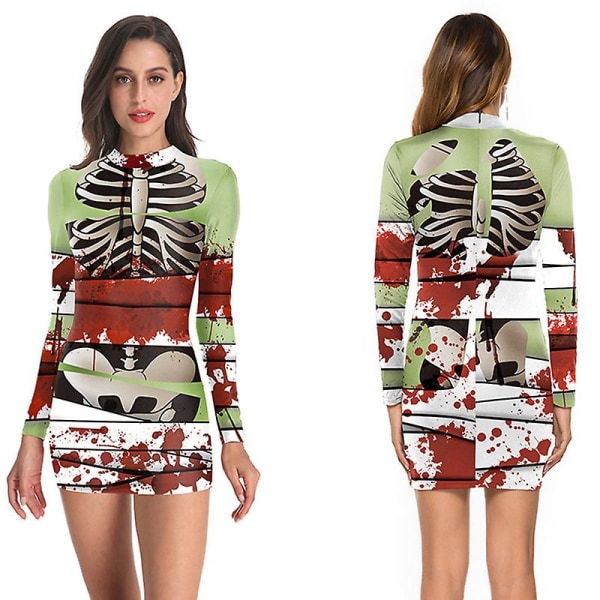 Kvinders Halloween-kostume Skeletkjole Langærmede Stretchy Kort Mini Kjole style 7 L