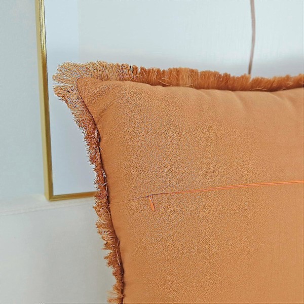Pakke med 2 dekorative putetrekk i naturlig lin med duskekant, bondegårdsstil Boho, firkantet putevar med frynser for sofa, 45 x 45 cm, oransje
