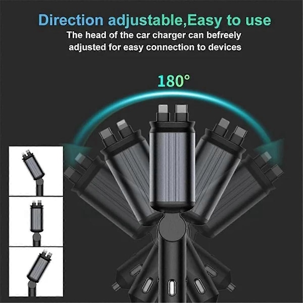 4-in-1 Sisäänvedettävä Autolaturi USB-pikalatauskaapelilla ja Tähtitaivas Auton Kattoilmapiirivalolla