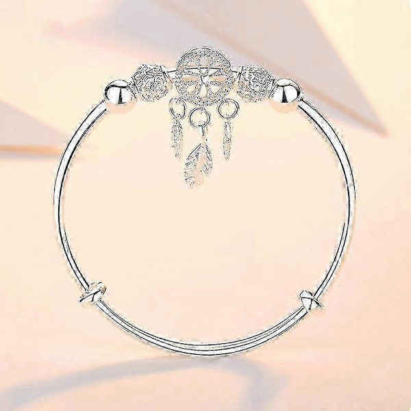 Justerbart Sølv Drømmefanger Kvast Fjer Rund Perle Charm Armbånd & Armring
