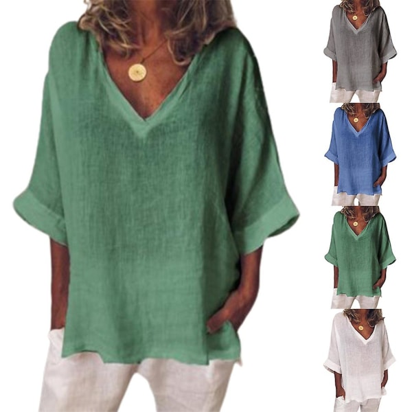 Dame bomull lin V-hals t-skjorte med halve ermer Sommer uformelle løse topper T-skjorte bluse Green 2XL