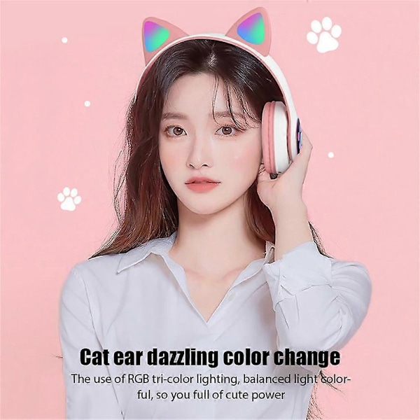 Kawaii Blinkande Lampa Katöron Trådlösa Hörlurar Bluetooth 5.0 Stereo Med Mikrofon Stöd TF-kort För Pojkar Flickor Födelsedagspresent