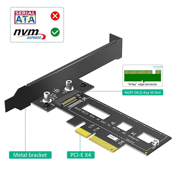 M.2 NGFF PCIe SSD til PCI Express 3.0 X4 Værtsadapterkort Sort