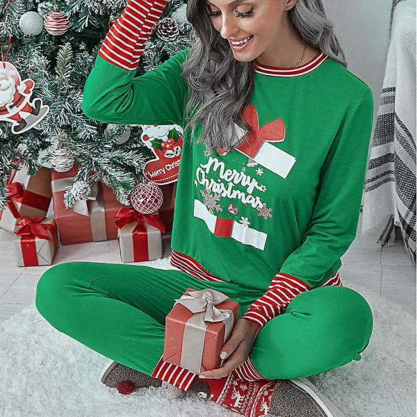 Christmas Women's Letter Printed Long Sleeve Pyjamas Set Christmas Pyjamas Lounge Wear Set Green L