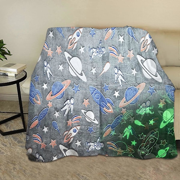 Självlysande Fleecepläd för Barn, Enhörning Självlysande Filt, (Rymdskepp 100*150cm)