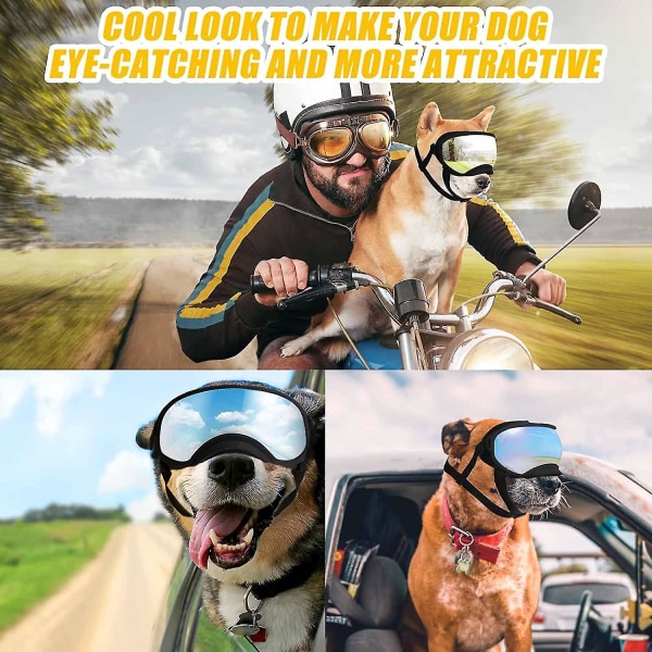Hundebriller Hunde UV-beskyttelse Solbriller med justerbar stropp Hunder Vindtette Anti-dugg utendørs kjæledyrbriller Black frame x clear glass