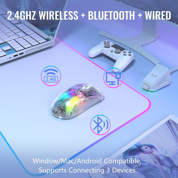 X2 Pro langaton pelihiiri RGB-lataustelakalla, kolmitoiminen PC-pelihiiri 2.4G/Bluetooth/langallinen, äänetön hiiri RGB-taustavalaistu, läpinäkyvä kuori, PixArt