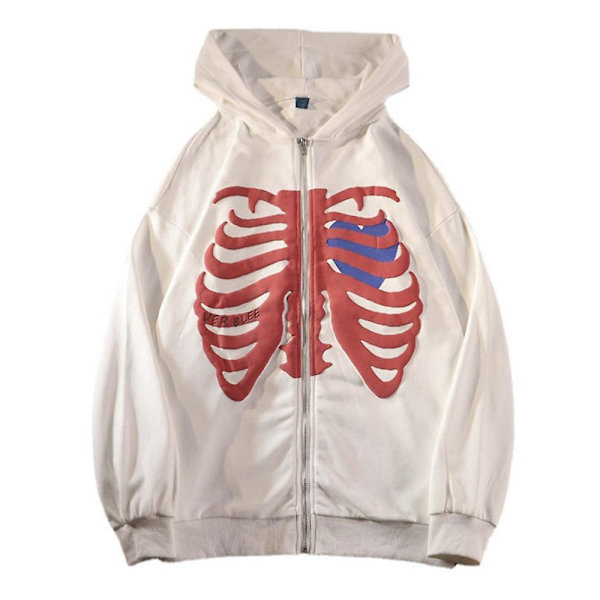Damemote Skjelett Sweatshirt med hette med glidelås Jakke Frakk Topper White 2XL