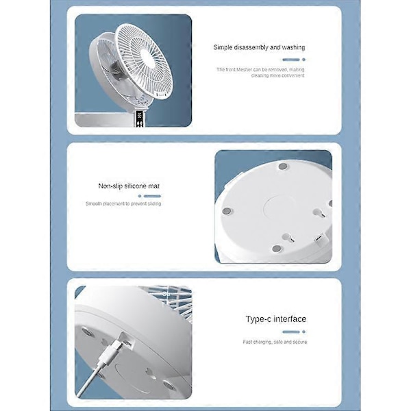 Fjernbetjent trådløs cirkulerende luftkølende ventilator med LED-lys, sammenklappelig elektrisk vægmonteret ventilator, skrivebordsventilator, blå