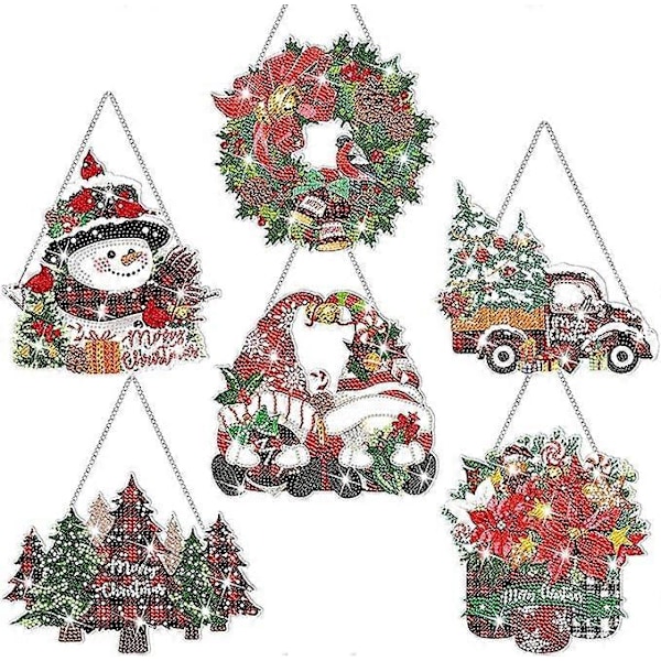 6 st Jul Diamantmålning Hängande Skylt Set 5D Tomte Snögubbe Diamantkonst Set för Vuxna DIY Konst Hänge Ornament Kit Akryl Julgran W