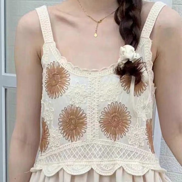 Dame Vintage Hæklet Strik Broderi Blomstret A-Linje Midi Lang Kjole Ærmeløs Rund Hals Strand Ferie Swing Kjoler Grøn