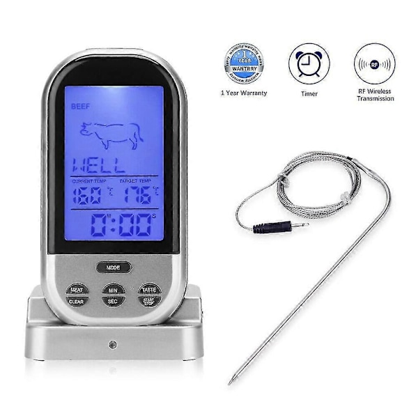 Trådløst stegetermometer/grilltermometer, ekstern XXL-skærm, 8 typer kød (trådløst stegetermometer)