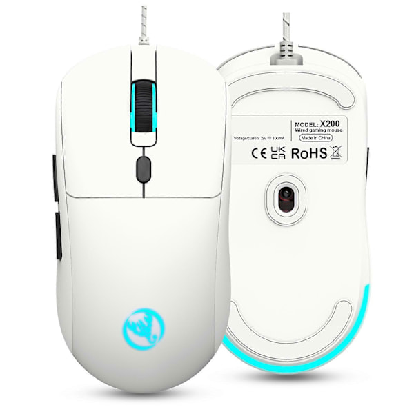 USB Kabel Optisk Mus med 6 Programmerbare Knapper, 3600DPI, for Profesjonell og Casual Bruk 125HZ Returrate Hvit