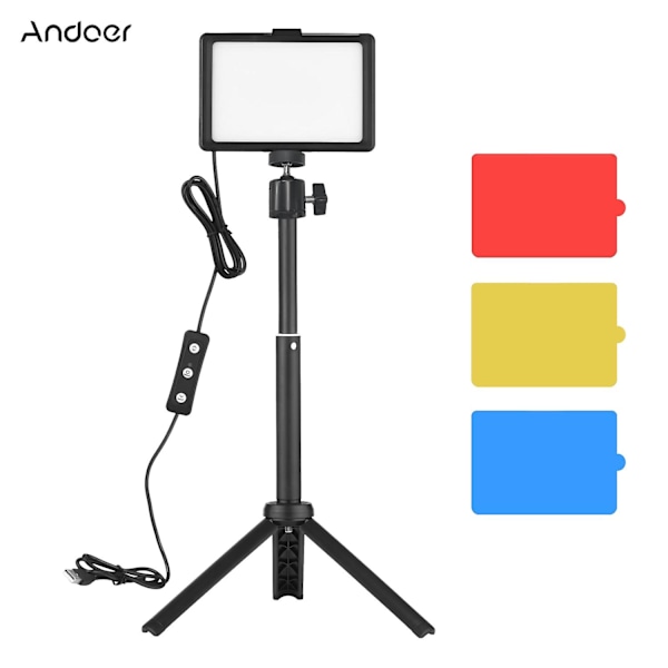 Andoer USB Videoneuvotteluvalaisinsarja, jossa 1 * LED-videovalo 5600K himmennettävä + 1 * Pöytäteline