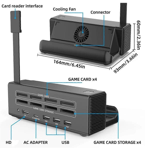 For /OLED TV Dockingstasjon USB-C Spillkortlagring med USB2.0x2+USB3.0+PD Hurtiglading+Kjølevifte