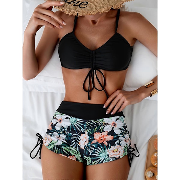 Nya modeller Grön Tropisk Blommig Tryck Dragsko 2-dels Bikini Set, Spaghettiband Hög Midja Stretchiga Baddräkter, Dam Badkläder & Kläder