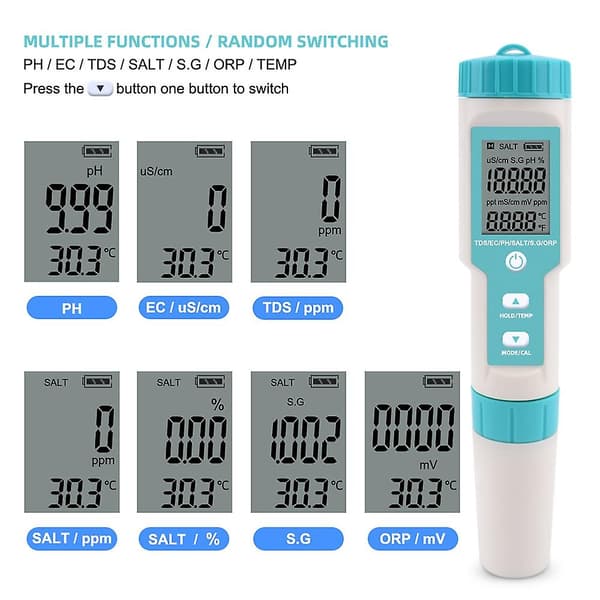 7 i 1 PH/TDS/EC/ORP/S.G/Salinitet/Temperatur Multi-Parameter Lomme Vannkvalitetstester med Elektrode