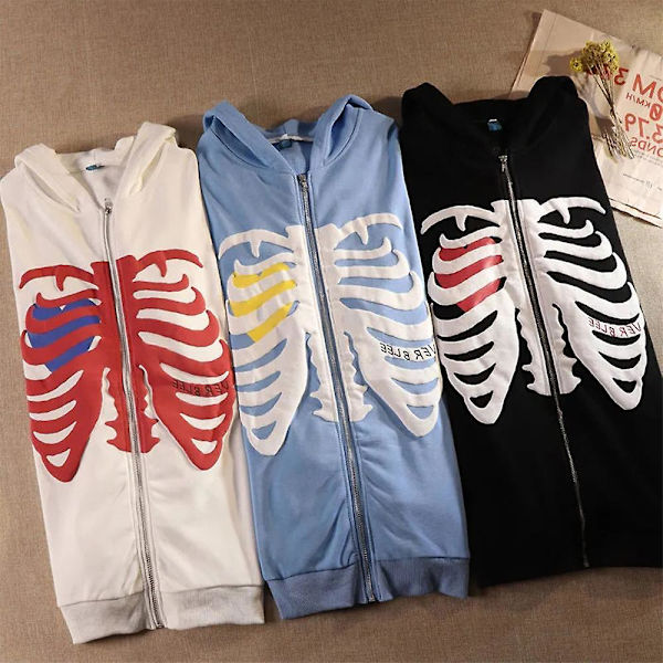 Kvinder Mode Skeleton Hætte lynlås Sweatshirt Jakke Frakke Toppe White M