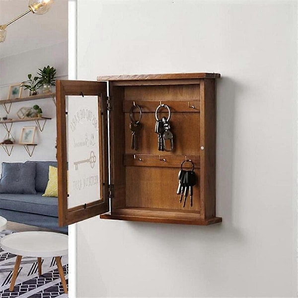 Tränyckelbox, Retro, Vägg, Nyckelskåp med Magnetisk Dörr, Hållbar Massiv Träförvaring med 6 Krokar-B