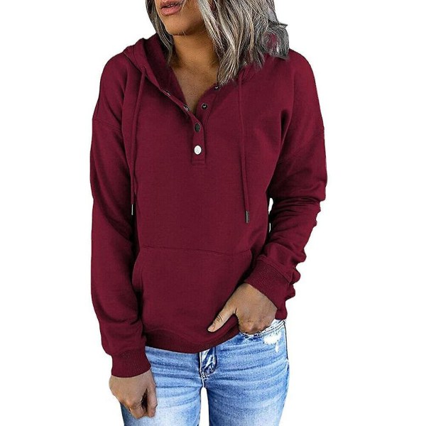 Kvinder Hættetrøje Langærmet Hættetrøjer Toppe Casual Løs Pullover med lomme Wine Red XL