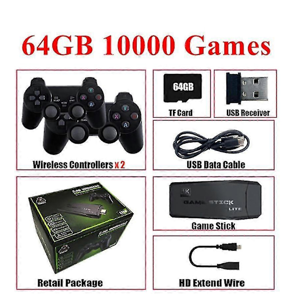 Videospilkonsol 64GB Indbygget 10000 Spil, Retro Håndholdt Spilkonsol Trådløs Controller 4k HD, Til PS1/GBA
