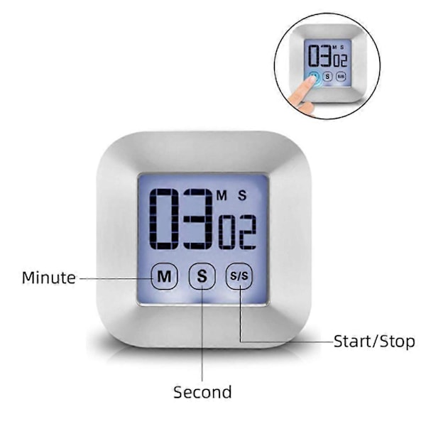 Digital kjøkkentimer med berøringsskjerm, magnetisk stoppeklokke, LCD-skjerm, elektronisk timer, eggtimer med stativ