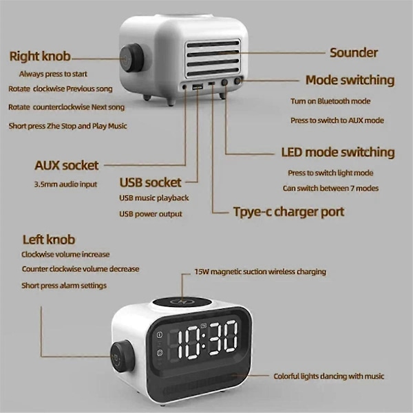 4-i-1 Högkvalitativa Bluetooth-högtalare 15W LED RGB-ljus Digital Väckarklocka Magnetisk för Mobiltelefon