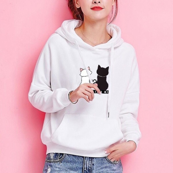 Langærmet sweatshirt med kattetryk til kvinder Afslappet Løs snøre Hættetrøjer Toppe med hættetrøje White S