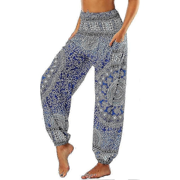 Naisten Harem Hippie Housut Löysät Boho Kuviolliset Korkea Vyötärö Smokkirypytetty Vyötärö Ohuet Taskuilla Lounge Housut Jooga Kesärannalle