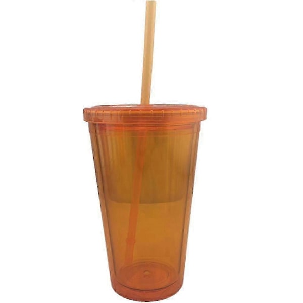 Dubbelväggig mugg med sugrör, plastmugg, återanvändbar iskaffemugg, klar mugg - Orange