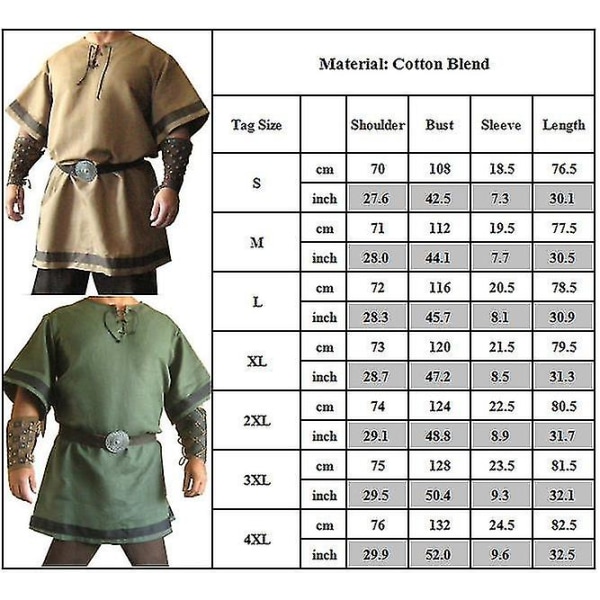 Herre middelalderkostyme Cosplay Party Renessanse Tunika Viking Knight Pirate Vintage Warrior skjorter Green 3XL