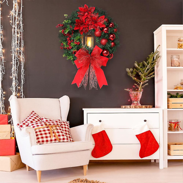 Julekrans med vindlygte bowknot rød blomst hoveddør ornament til festdekor vindue