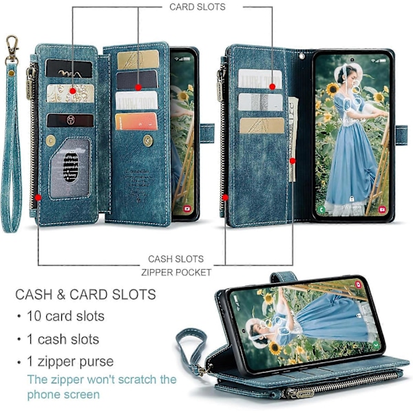 for Samsung Galaxy S24 Plus Lommebokdeksel med Kortholder, Robust PU Lærdeksel for Kvinner Menn Magnetisk Flip Glidelås Håndleddsrem Støtteben Telefondeksel
