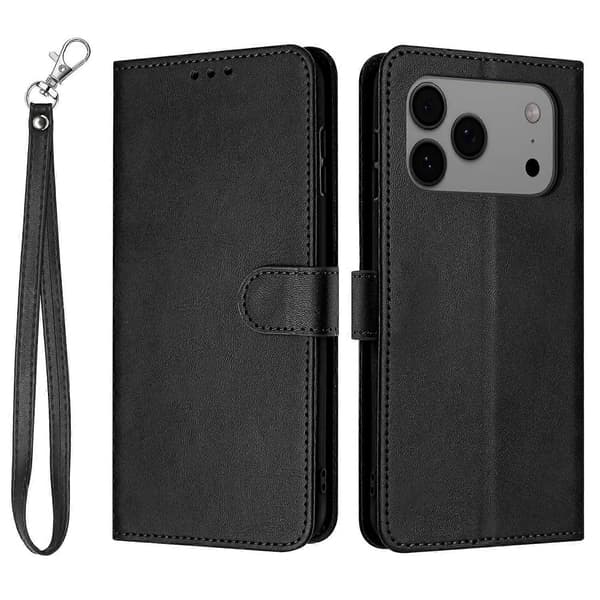 Flip Stand Kalvetekstur PU Læder Wallet Telefoncover med Rem Sort til iPhone 17 Pro Max