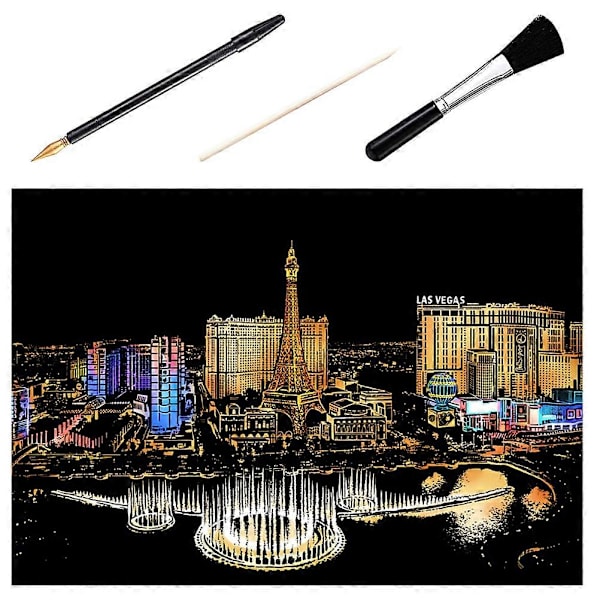 1 Setti 4kpl DIY Raaputuskuva Las Vegas Yö Raaputus Piirustus Maalaus Paperi Raaputuslevy Bambutikulla Kullattu Kynä Sivellin