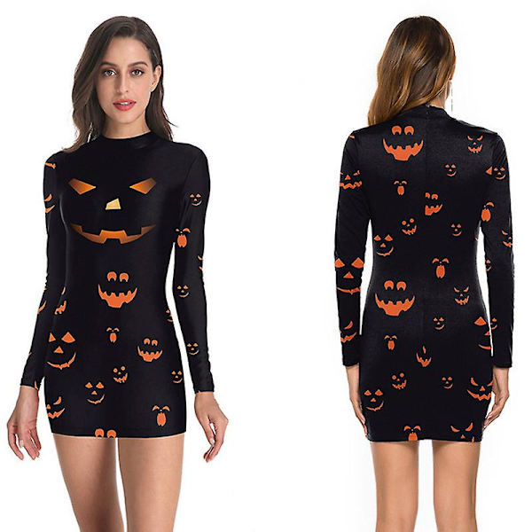 Kvinders Halloween-kostume Skeletkjole Langærmede Stretchy Kort Mini Kjole style 4 L