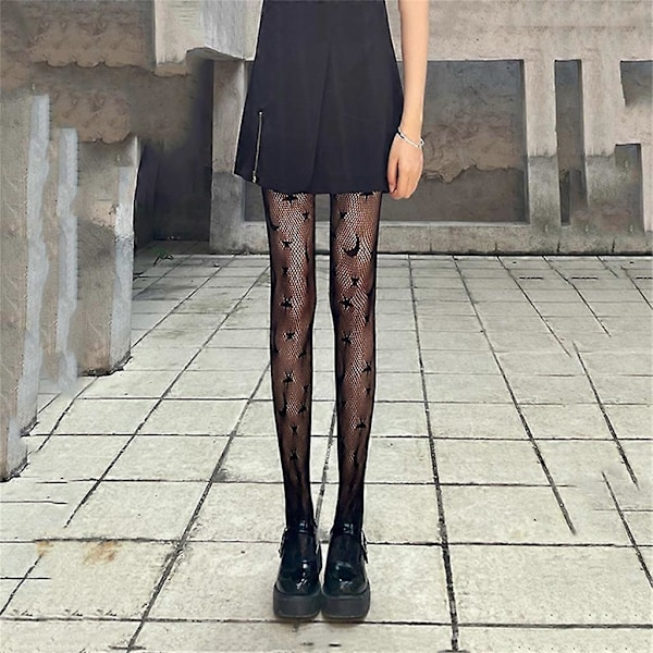Dam Svart Måne Stjärna Jacquard Strumpbyxor Transparent Fisknäts Mesh Tights