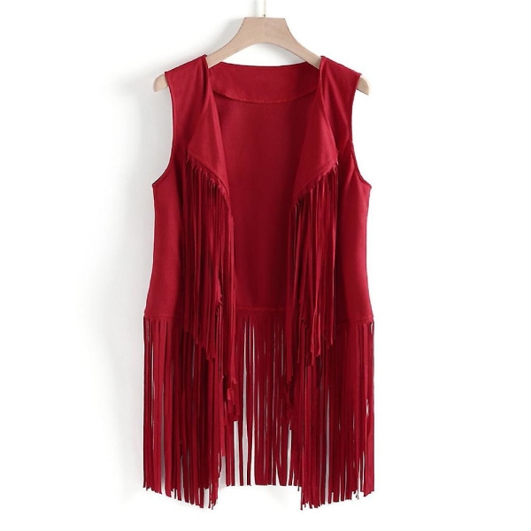 1970'erne dame kvast ærmeløs vest 70'erne retro hippie imiteret ruskind frynser jakke cardigan Red 2XL