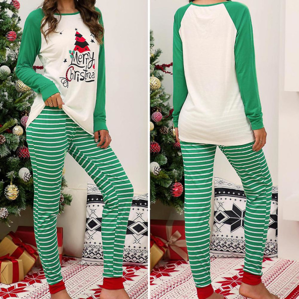 Naisten set Joulukuvioidut pitkähihaiset Topit Printed housut Pyjamat Lounge Wear Green L