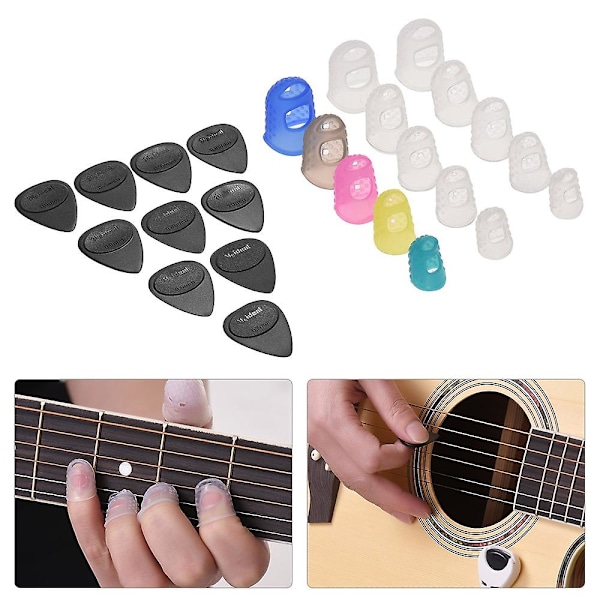 Gitar Tilbehørssett Inkluderer 15 stk Silikon Gitarfingerbeskyttere + 10 stk Gitarplektre for Aco