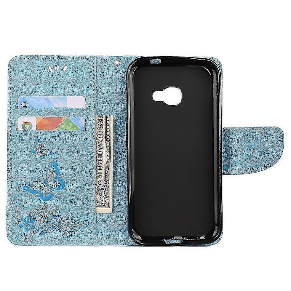 Blomster-sommerfugl PU-etui med blå støtte til din Samsung Galaxy Xcover 4s